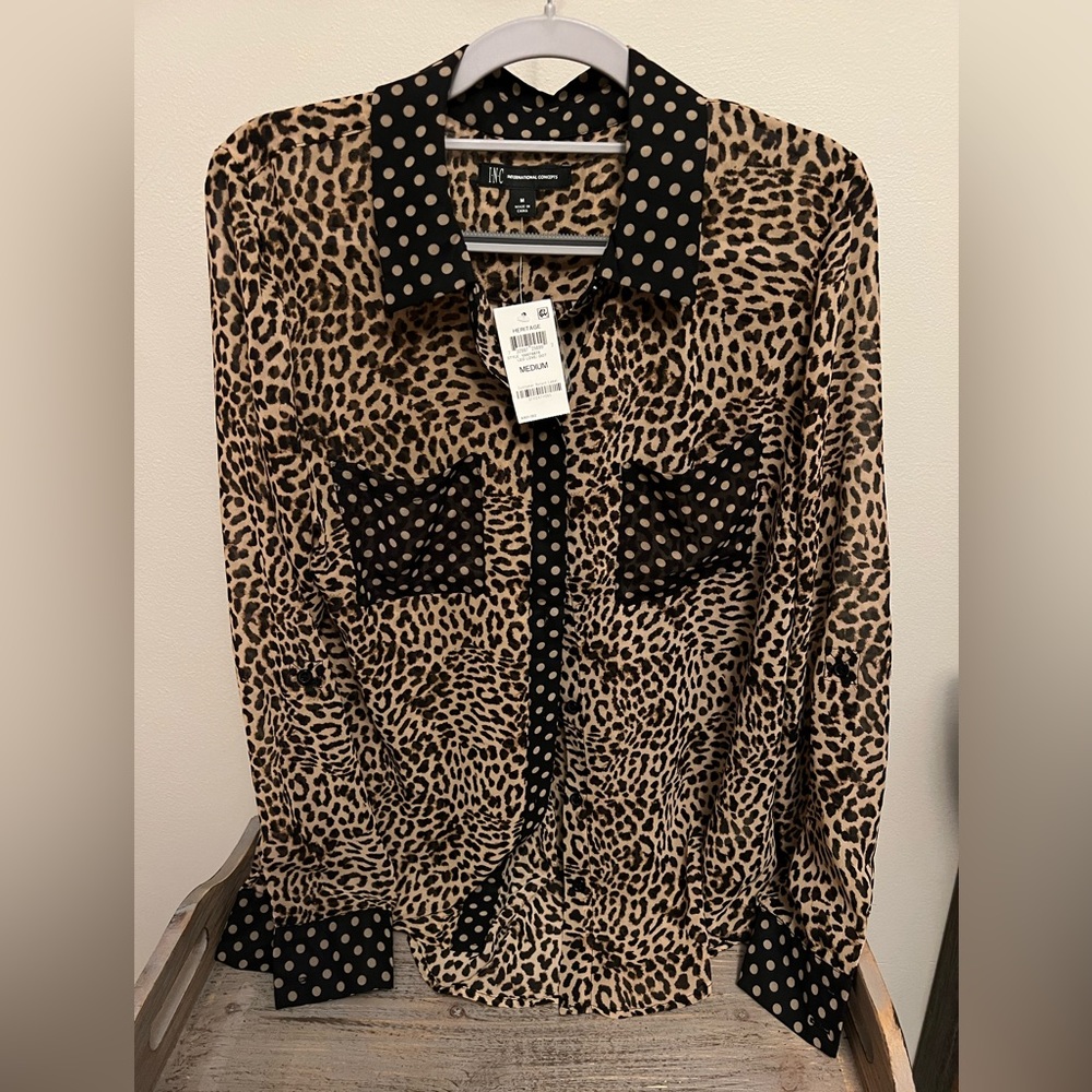 NWT INC Int’l Concepts Polka Dot Animal Print Button-Up Blouse, Size M